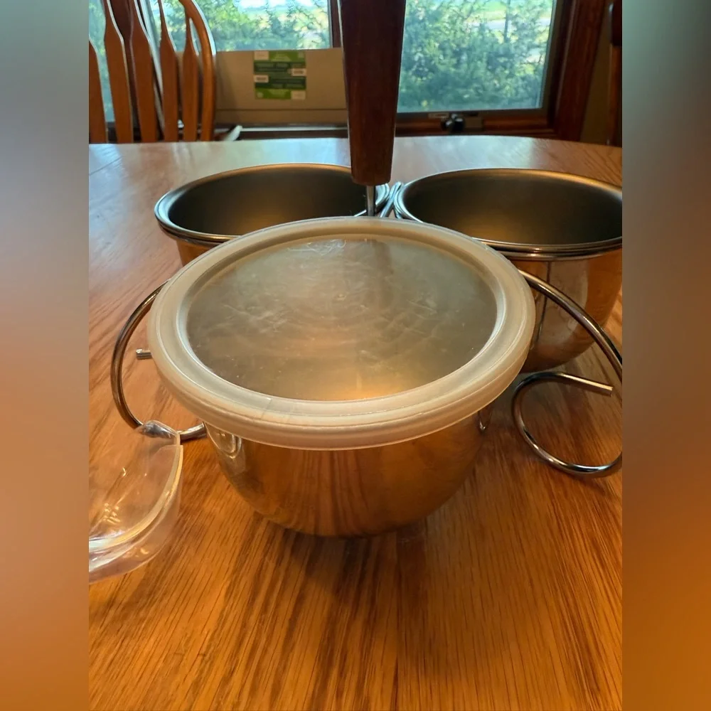 Vintage Stainless Steel Condiment Cups and Holder with Lids and Spoons